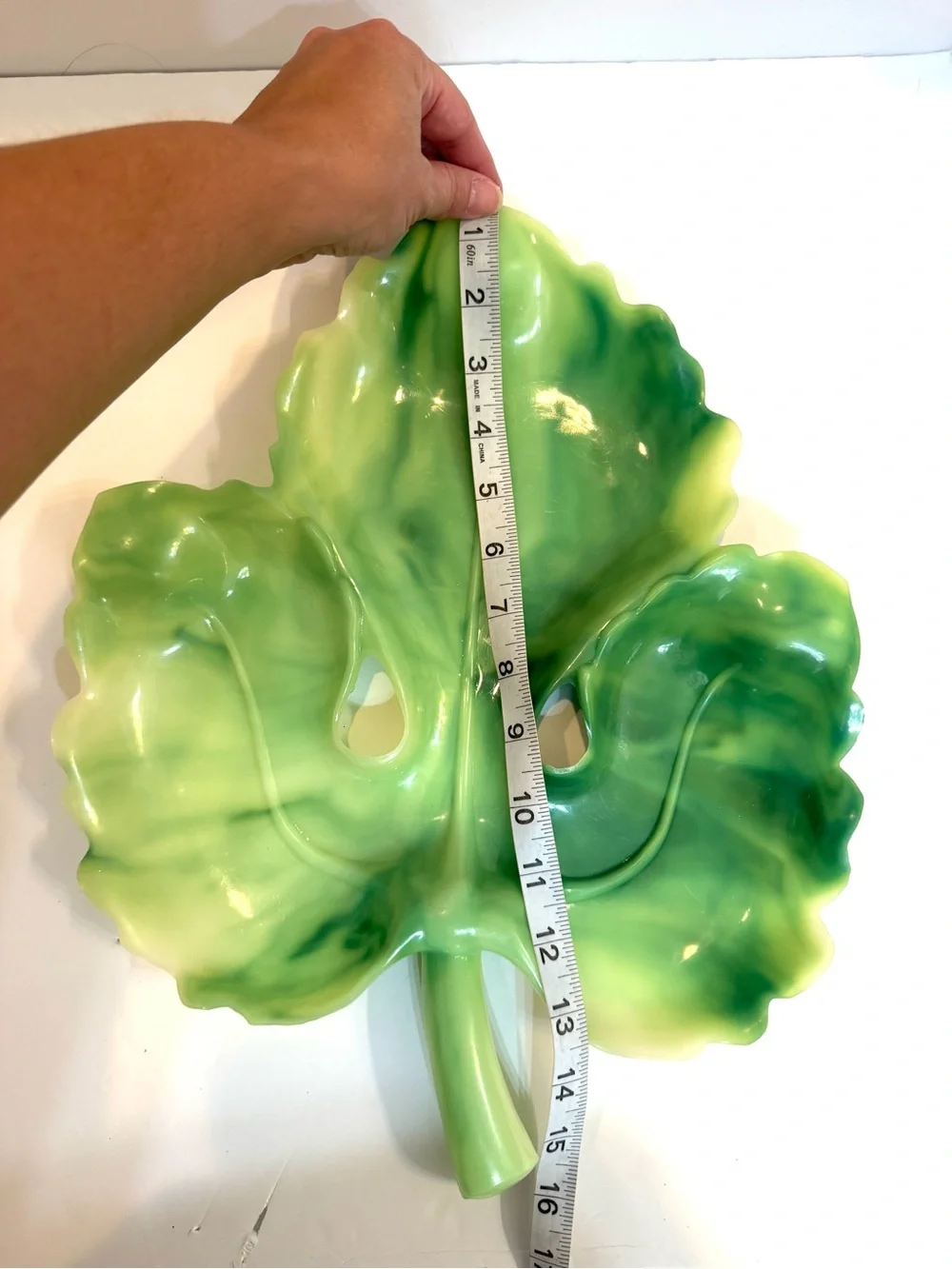 Vtg Serving Tray Cabbage Leaf MCM Green Plastic Swirl Party Platter A Lucky Wish